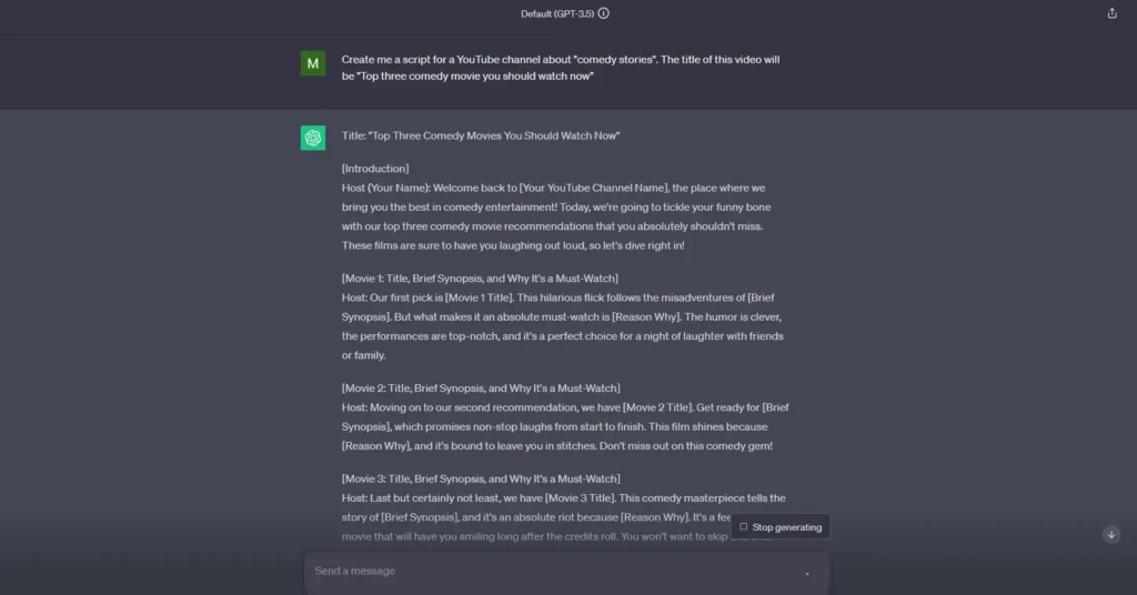 chatgpt script writing for youtube video